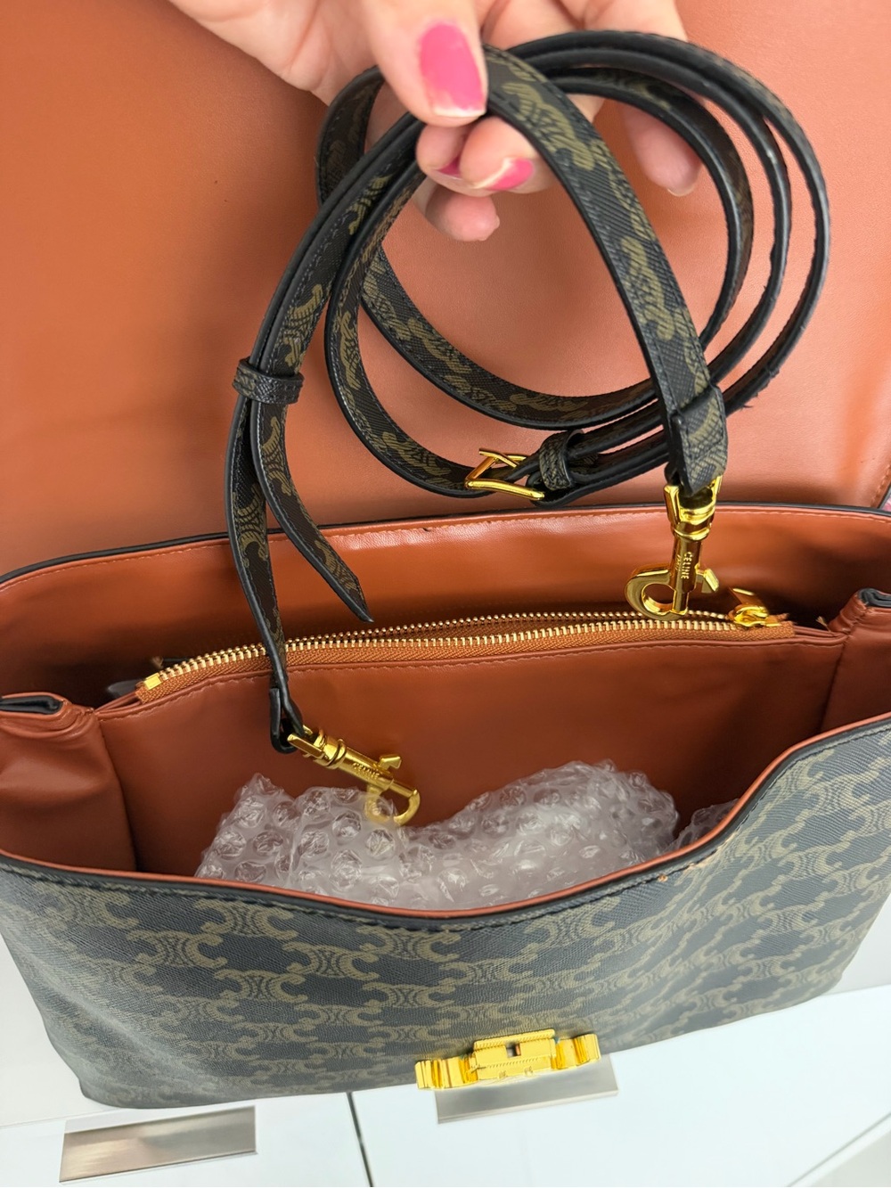 Black & Brown Triomphe Top-Handle Bag with Gold Hardware - Picture 5 of 5